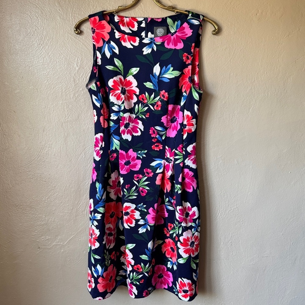 Vince Camuto Floral Sleeveless Dress in Navy with Pink Blooms Size 8